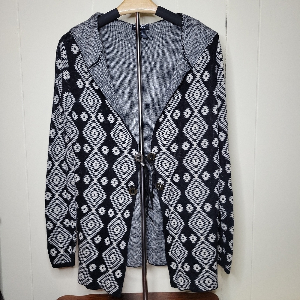 Wrangler Retro Black White Geometric Aztec Print Open Front Hooded Cardigan